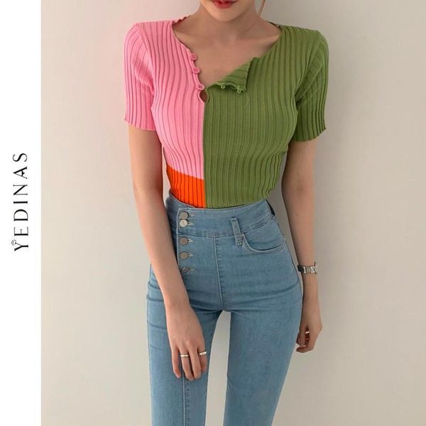 

women's t-shirt yedinas color patchwork t shirt women korean style knitted shirts slim short sleeve tee summer harajuku chic ribbed ls, White