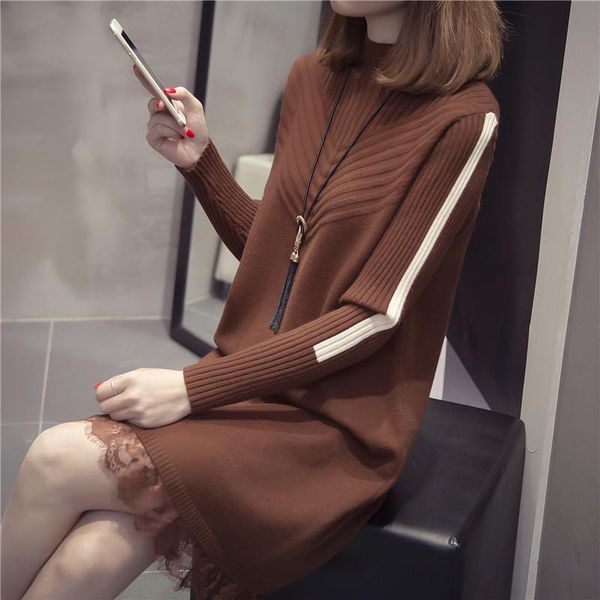 

casual dresses 2021 autumn winter oversize sweater dress female lace half turtleneck loose fashion ladies pullover d18, Black;gray