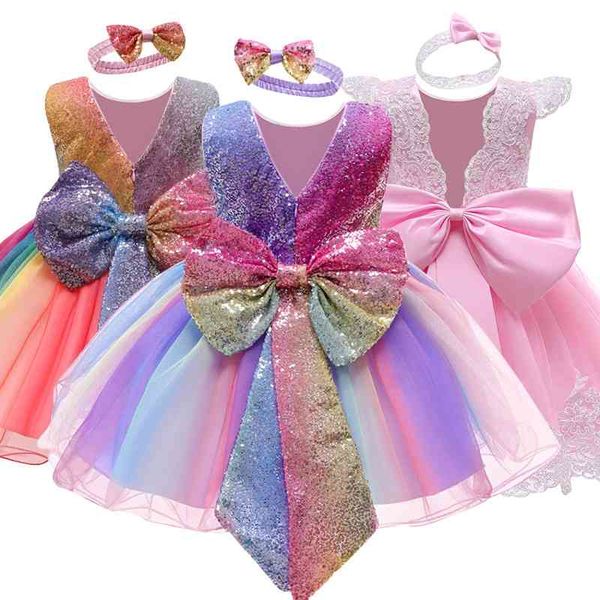 Infant Vestidos Baby Mädchen Kleidung Kleid Spitze Bowknot Ärmellos für Geburtstag Party Kleinkind Kostüm 3-24 Monate 210508