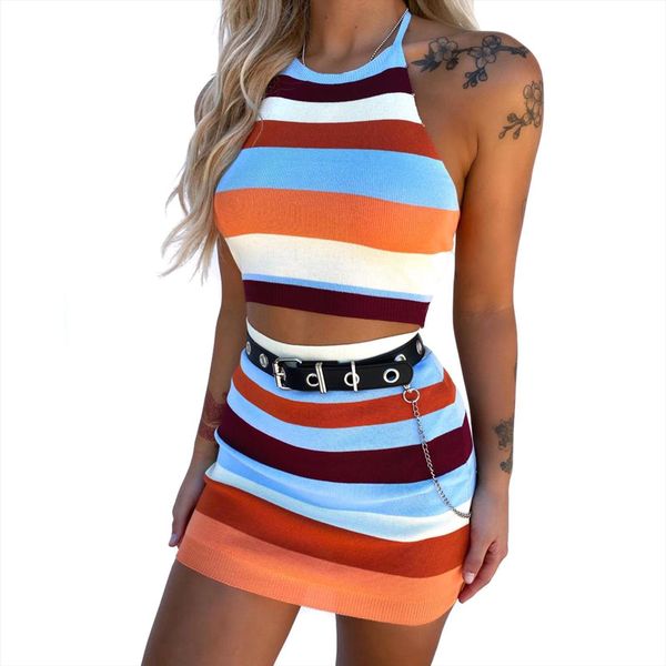

summer knitted clothing set sleeveless women skirt halter crop and mini 2pcs outfits striped ladies casual, Black