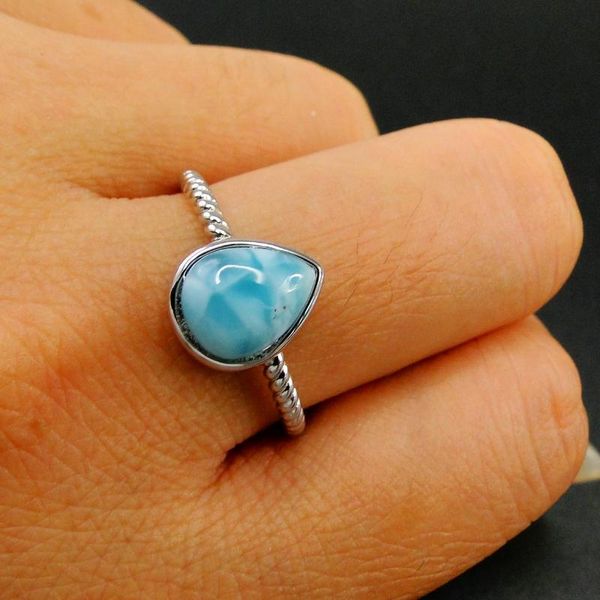 

cluster rings selling natural dominica larimar ring 925 sterling silver pear womens for gift / engagement wedding party, Golden;silver