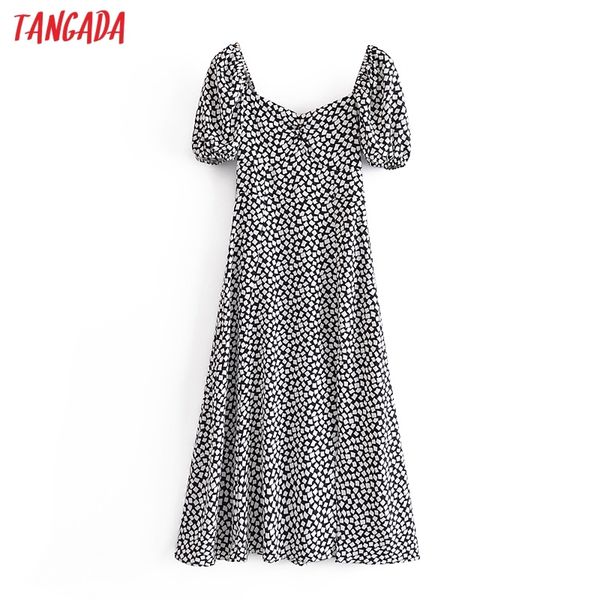 

summer women geometry print french style puff short sleeve ladies midi dress vestidos qn26 210416, Black;gray
