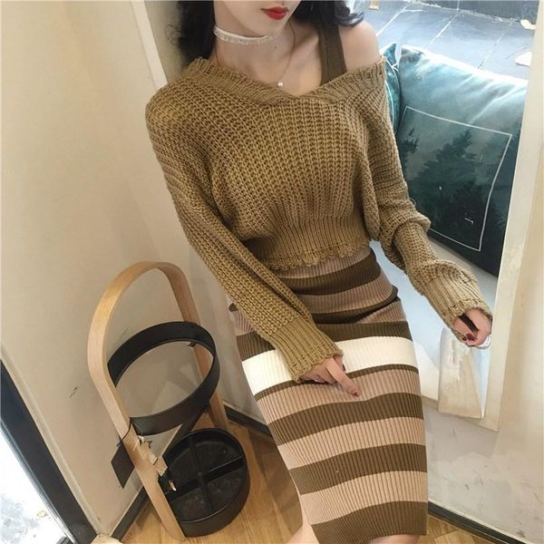 

women's two piece pants 2021 autumn winter v-neck women set casual fashion pullover sweater and striped split dress knitted suits, White
