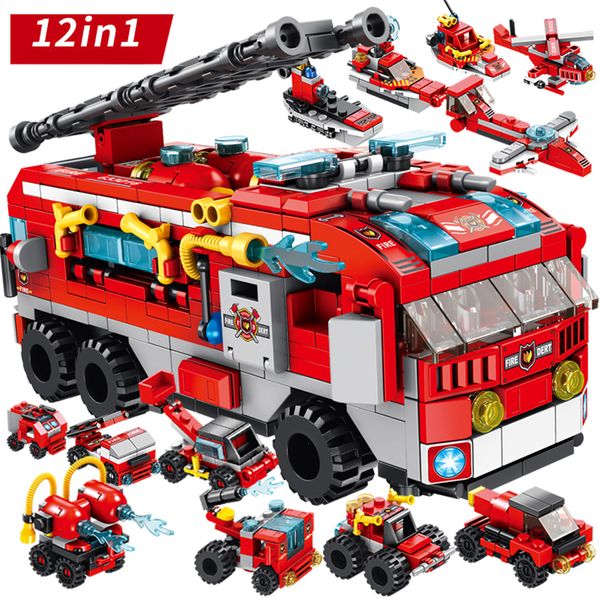 

12in1 fire technical truck city fire station building blocks creatored children bricks set aircraft car vehicle toy for boy gift