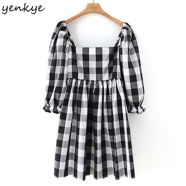 

vintage plaid dress elegant women square neck puff sleeve a-line cotton casual summer short vestido 210514, Black;gray