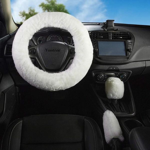 Coprivolante 3 pezzi Copriauto Copertura del cambio Protezione del freno a mano Decorazione Caldo Collare in peluche super spesso Morbido Bianco Rosa Donna