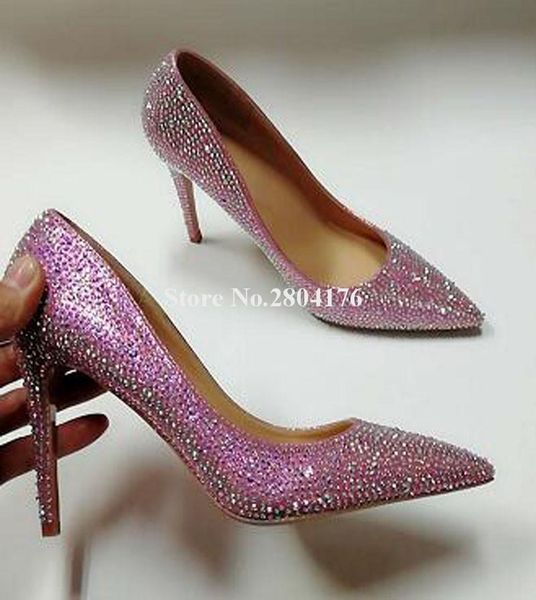 

dress shoes brand design women bling pointed toe rhinestone thin heel pumps pink black silver crystal super high heels wedding