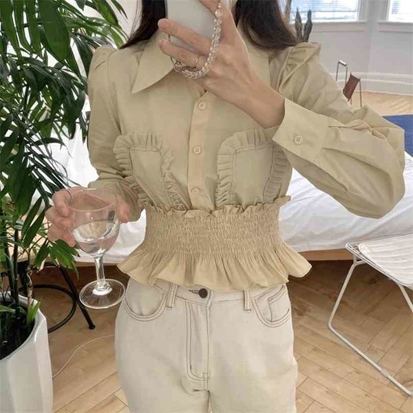 

solid ruffles lapel all match ol gentle slim elastic high waist basic elegant women shirt sweet blusas 210525, White
