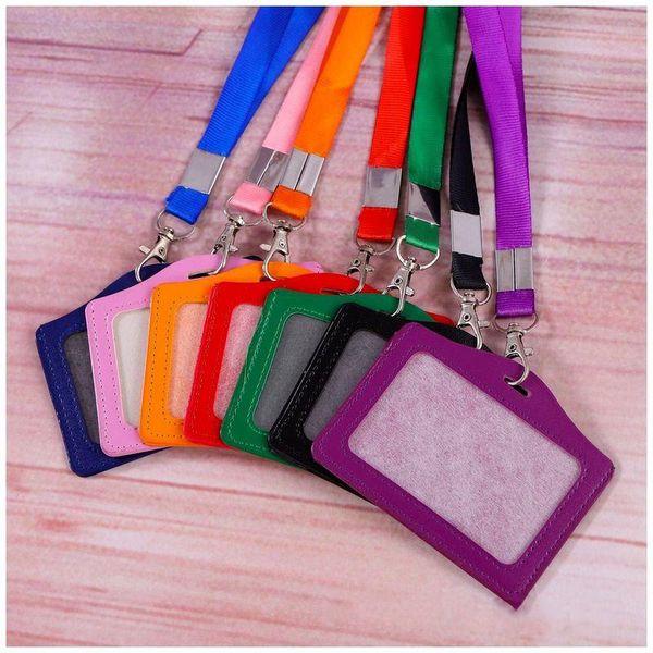 

card holders pu credit crad cover case with string women girl badge reel student exhibition id name holder bags, Brown;gray