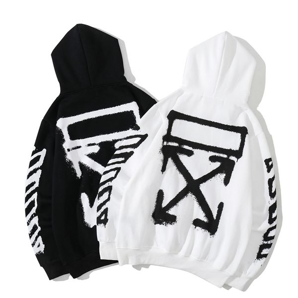 

20ss autumn winter new off men's women's lovers line cross printing hooded and velvet sweater coat, Black