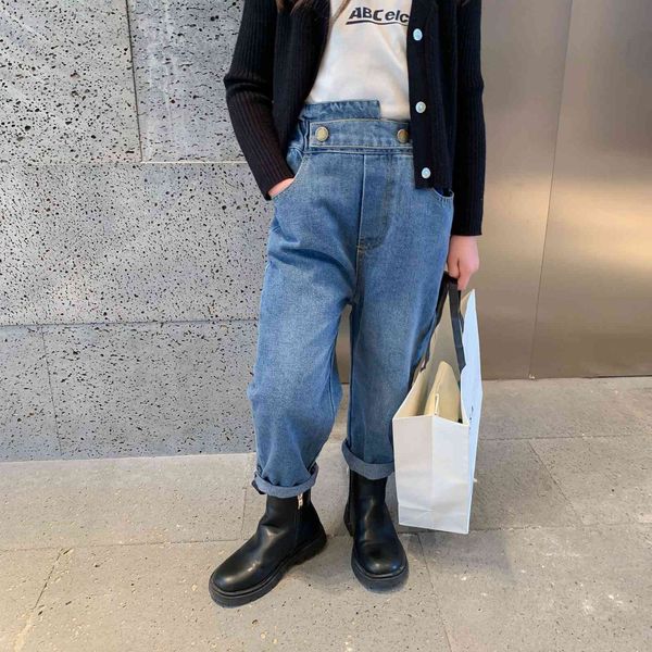 

autumn girls fashion denim pants kids children casual jeans 210508, Blue