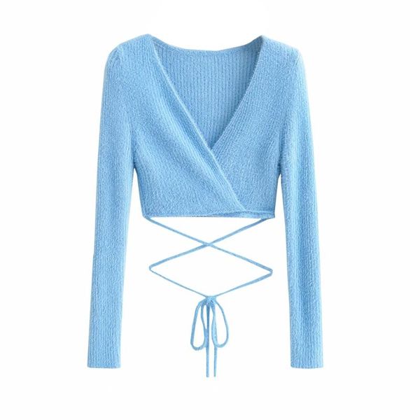

women's knits & tees 2021 spring women deep v neck cropped knit cross-tie sweater long sleeve tight-fitting low-cut crop knitted bl, White