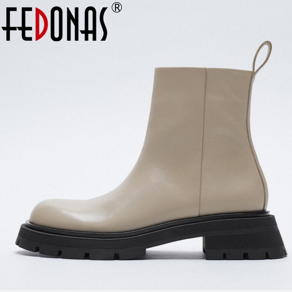 

boots fedonas fashion women cow leather high heels ankle concise warm autumn winter zipper motorcycle shoes woman, Black