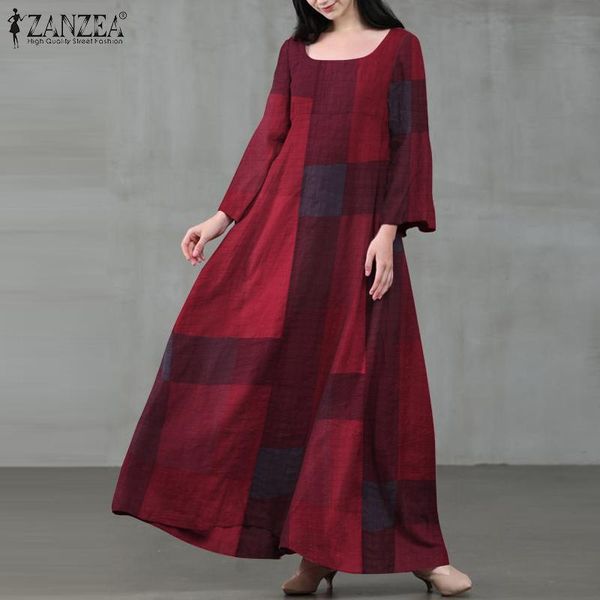 

plus size vintage square neck maxi dress women's sundress zanzea 2021 casual check flare sleeve vestido female autumn robe femme dresse, Black;gray