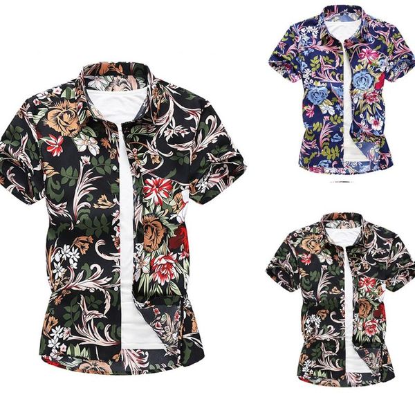 

men shirt men's print button turn-down collar short sleeve blouse casual shirts, White;black