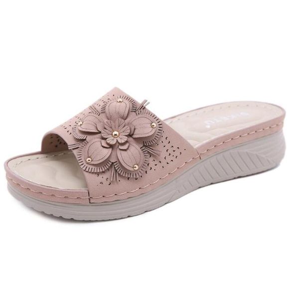 

fashion women's bohemian flower wedges slippers summer sandals casual non-slip beach shoes female home flip flop zy519, Black