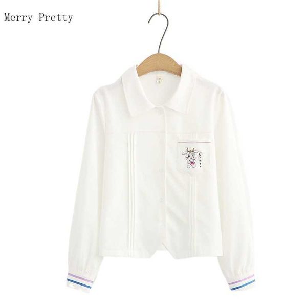 

summer women cotton shirts cartoon embroidery single breasted casual blouse striped patchwork full sleeve korean ladeis 210526, White