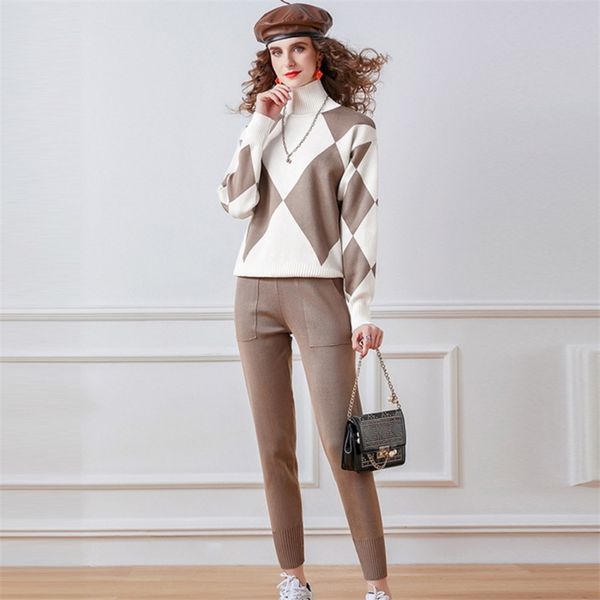 

casual knitted two piece outfits for women geometric plaid turtleneck sweater pullover + harem pants suits female tracksuit 210514, White