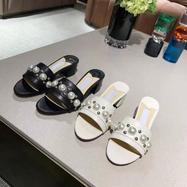 

slippers vallu 2021 leather low-heel sandals, high-end pearl decoration, comfortable and versatile, a must-have for casual office, Black