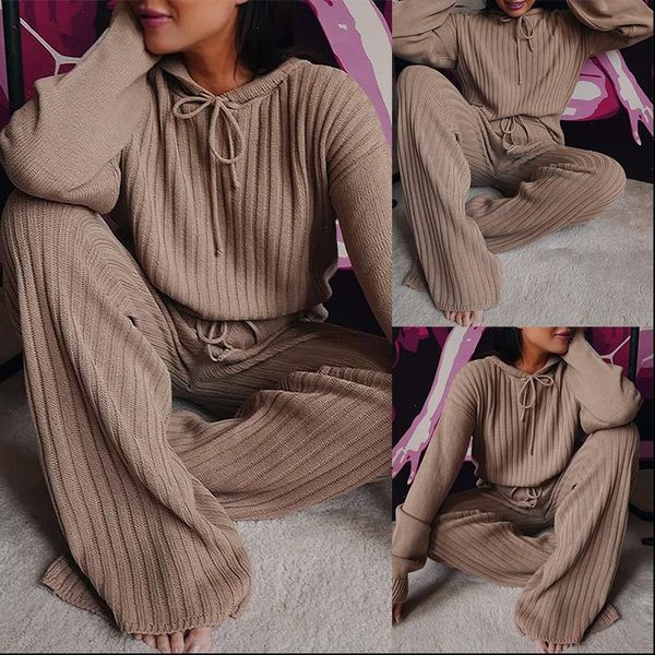 

fashion women tracksuits trend autumn knitting 2pcs outfits long sleeve hooded high waist wide leg pants sets lounge wear, Gray