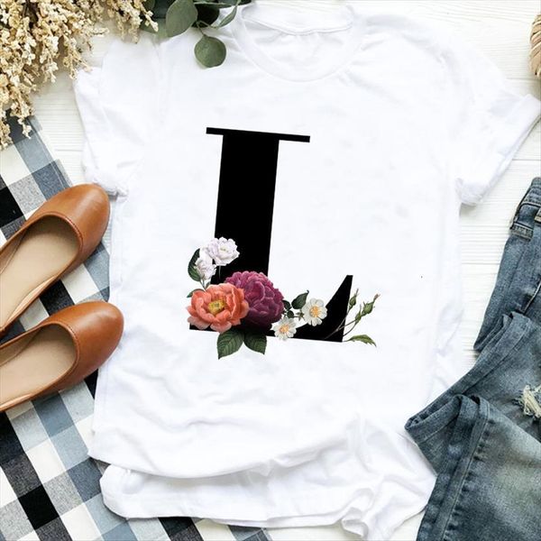 

floral letter l casual printing womens print tee clothes female graphic, White
