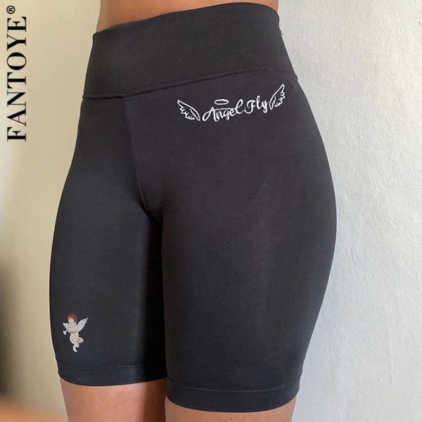 

women's shorts angel wing embroidery high waist women skinny black biker fashion streetwear solid fitness pants 5vl5, White;black