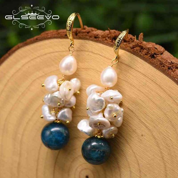 

glseevo original design handmade dangle drop earrings for women natural fresh water pearl kyanite fine luxury jewellery ge0903, Golden