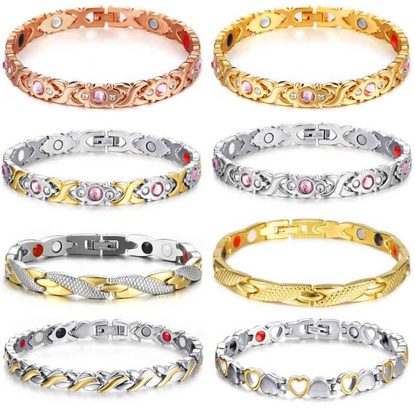 

bracelet for women shiny crystal stainless steel health magnetic hologram female charm chain & link bangle wholesale, Golden;silver