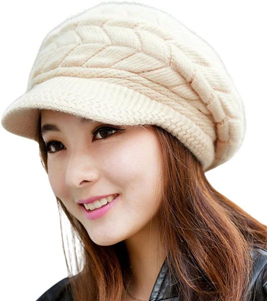 

beanie/skull caps women winter warm knit hat wool snow ski with visor, Blue;gray
