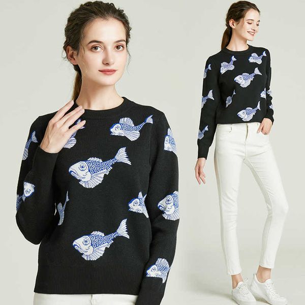 

ly varey lin autumn winter elegant women o-neck knitted pullovers casual cartoon thick warm long sleeve sweater 210526, White;black
