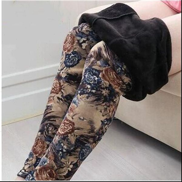 

womens pant autumn winter high elasticity plus velvet leggings female size fleece trousers flower print pencil pants, Black;white