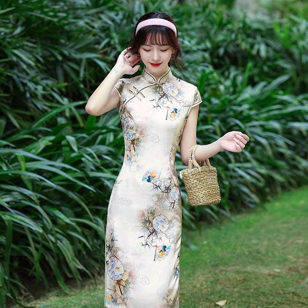 

women elegant short sleeve slim mid-length qipao chinese mandarin collar high split cheongsam vestidos ethnic clothing, Red