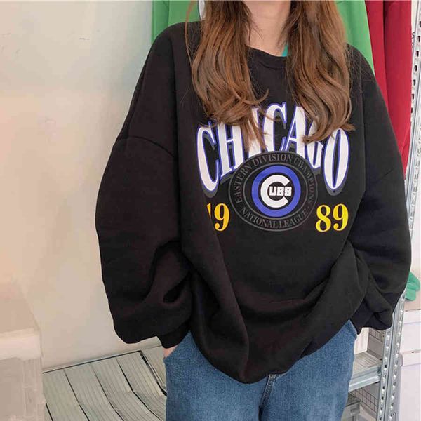 

women's hoodies & sweatshirts vintage america letters crewneck woman's sweatshirt oversized thick winter long sleeve korean fashi, Black