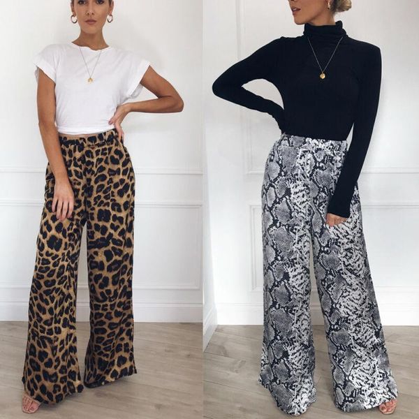 

womens high waist plain palazzo wide leg flared pants leopard snake print ladies loose trousers women's & capris, Black;white