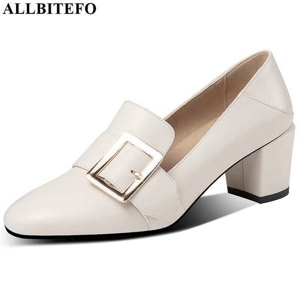

allbitefo nature genuine leather high heels elegant office high heel shoes simple metal decoration women heels 210611, Black