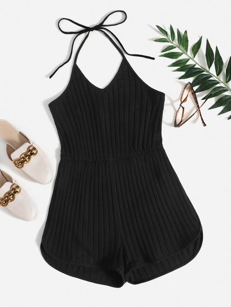 

tie back rib-knit cami romper w0v8#, White
