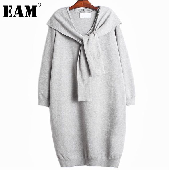 

casual dresses [eam] women knitting bandage gray big size dress v-collar long sleeve loose fit fashion tide autumn winter 2021 1dd2597, Black;gray
