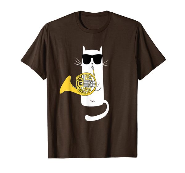 

funny cat wearing sunglasses playing french horn t-shirt, White;black