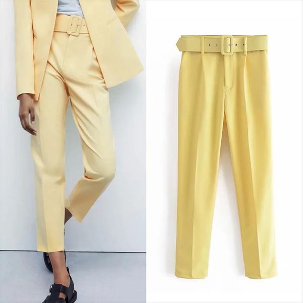 

za spring trousers brown high women pants waisted summer belt pencil office button casual pant, Black;white