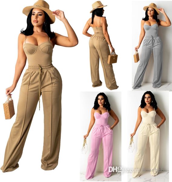 

fashionable women two piece pants suspender vest tracksuits suit with drawstring stereo wide leg outfits s-xl, Gray