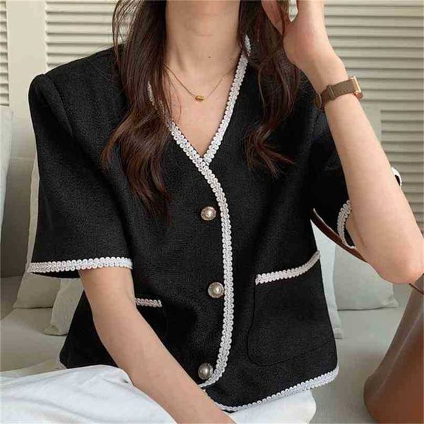 

thin slim office lady high waist summer v-neck femme brief vintage stylish retro girls coats streetwear 210525, Black;brown