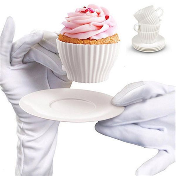 

cake tools 1set of 4pcs white teacup coffe cup silicone cupcake mold with saucer muffin case for kids party + saucers