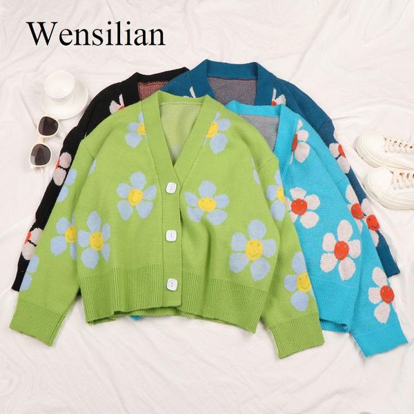 

women's sweaters flower knit cardigans women preppy style v neck loose jacket elegant thicked pull femme floral print casual korean swe, White;black