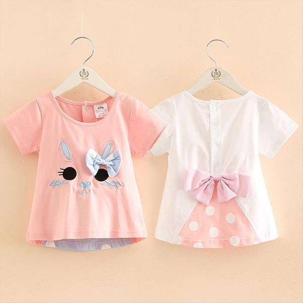 

kids clothes summer 100% cotton white pink cartoon cat dot bowknot patchwork short sleeve o neck t shirt for girls, Blue