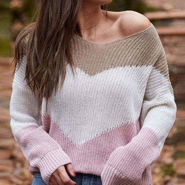 

women's sweaters autumn contrast patchwork long sleeve v-neck knitted female sweater streetwear casual loose ladies clothes, White;black