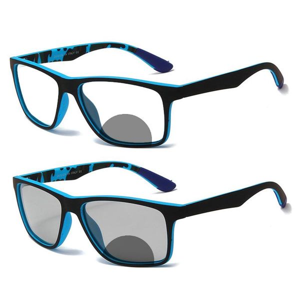 Sonnenbrille Outdoor Transition Pochromic Quadratischer Rahmen Bifokale Lesebrille für Männer Frauen Sportleser UV400 FML