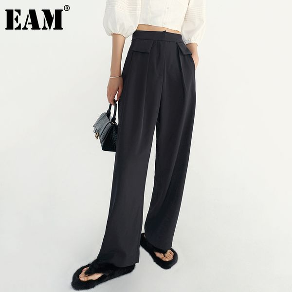 

[eam] high waist black pockets casual wide leg long trousers loose fit pants women fashion spring autumn 1dd5850 21512, Black;white