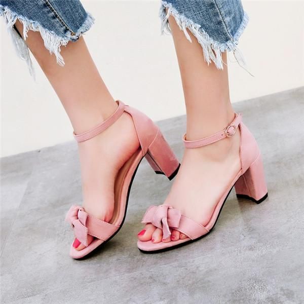 

sweet butterfly-knot girls sandals open toe faux suede square high heels women ankle strap party shoes pink 2021, Black