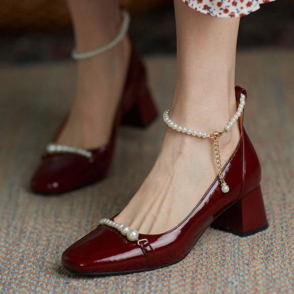 

spring women string bead ankle strap dress shoes patent leather pumps pearls high heels ladies square toe retro, Black
