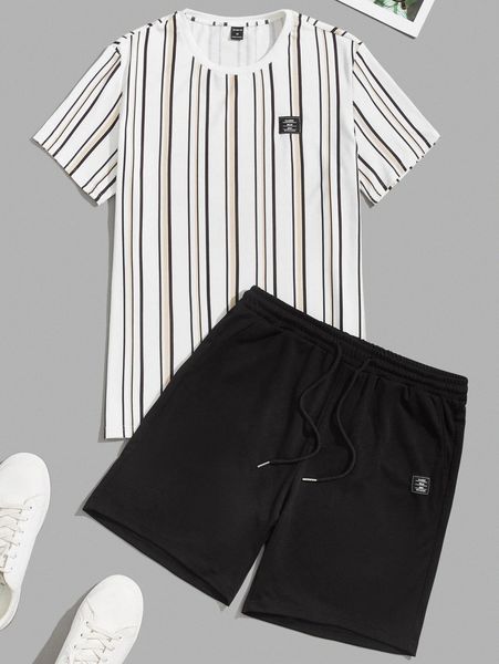 

men striped print patched tee and track shorts set a7o8#, Gray